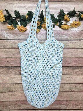 Handmade Crochet Shoulder Bag Purse Satchel Variegated Blue Green Hippie Boho